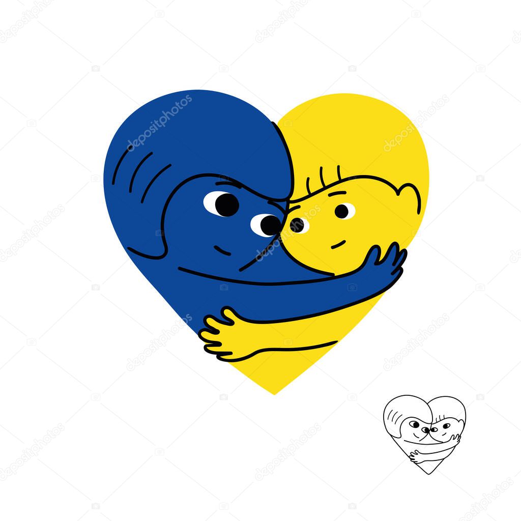 Vector abstract illustration of mother and child hugging, picture in the form of a blue-yellow heart.