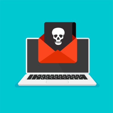Üzerinde monitör ve virüs uyarısı var. Posta ya da bilgisayar korsanlığı. Ekranda kafatası simgesi var. Korsan ya da enfeksiyon kapmış bir mektup alıyorum. Ön görünüm.