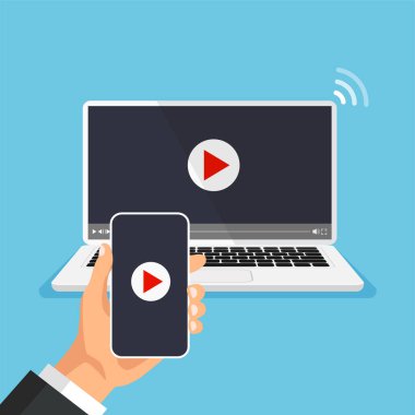 Televizyon yayınına telefon bağlantısı. Videoyu izle. Oyuncu ekranda. Mobil teknoloji ve film konsepti. Akıllı telefon, multimedya uygulamasını kablosuz olarak paylaşıyor. Vektör illüstrasyonu.