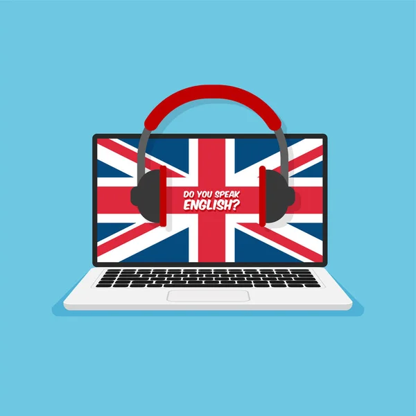 Ngilizce Biliyor Musun Çevrimiçi Öğrenme Kulaklıklı Bilgisayarı Büyük Britanya Bayrağı — Stok Vektör