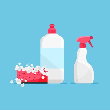 Bulaşık deterjanı ve köpüklü süngerin düz tasarımı. Deterjan şişesi ikonu konsepti. Temizlik malzemeleri şablonu. İzole vektör illüstrasyonu.