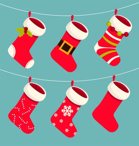 Niedliche Rote Und Weiße Weihnachtssocken Oder Strumpfhosen Die Einem Seil — Stockvektor