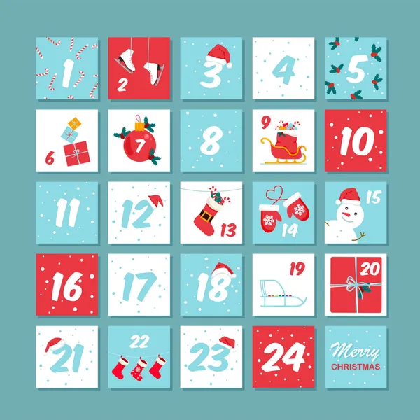 Calendário Advento Natal Vetorial Cartaz Férias Inverno Com Datas Decoração — Vetor de Stock