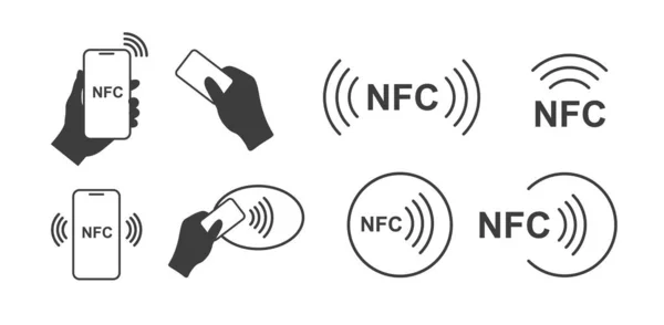 NFC simgesi seti. Temassız kablosuz ödeme işareti. Telefon ve kredi kartı dokunuşu. Vektör illüstrasyonu beyaz arkaplanda izole edildi.