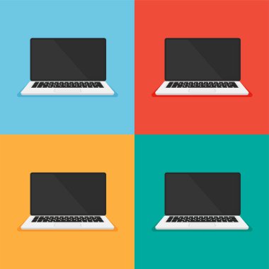 Laptop farklı arkaplanda. Boş ya da boş ekran. Bilgisayar simgesi izole edildi. Ofis için ekipman. Vektör çizimi. Ön görünüm.