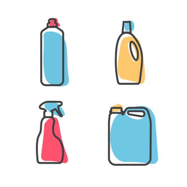Detergent bottle linear icon set. Washing gel. Template of cleaning supplies. Isolated vector illustration