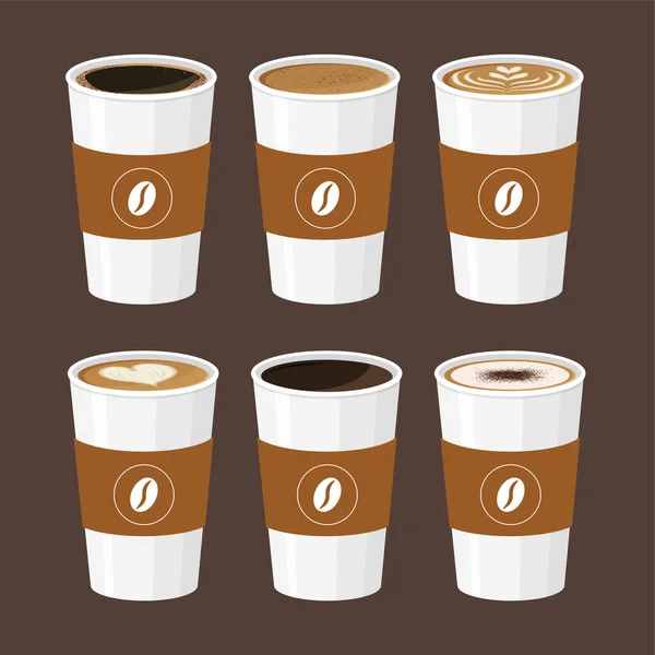 Menú Café Caliente Tazas Blancas Llévate Vista Frontal Latte Capuchino — Vector de stock