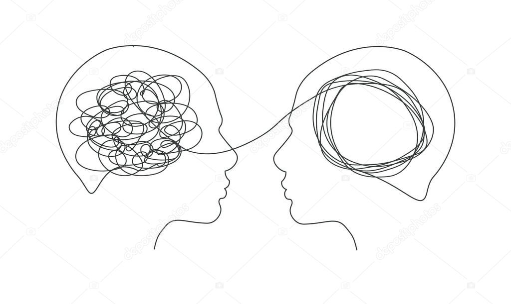 Psychotherapy concept. Abstract metaphor of problem solving or difficult situation. Tangle tangled and unraveled in people head. Simplification streamlining process. Vector illustration isolated