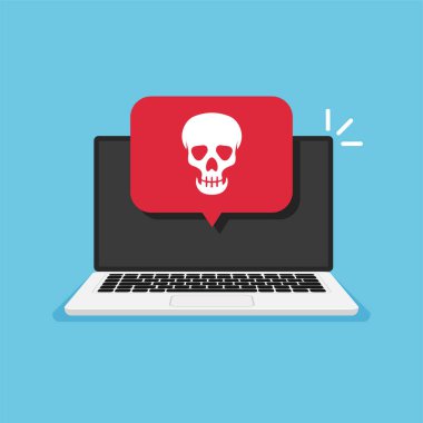 Dizüstü bilgisayar ve uyarı sembolü monitörde. Posta ya da bilgisayar korsanlığı. Ekranda kafatası simgesi var. Korsan ya da enfekte olmuş bir mektup alıyorum.