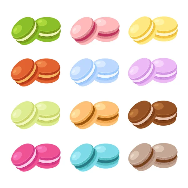 Diferentes Sabores Colores Macarons Galletas Tradicionales Almendras Francesas Estilo Plano — Vector de stock