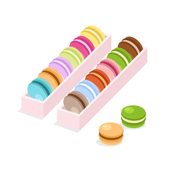 Διαφορετικές Γεύσεις Και Χρώματα Μακάρονα Συσκευασία Χαρτοκιβωτίων Κουτιά Παραδοσιακά Γαλλικά — Διανυσματικό Αρχείο
