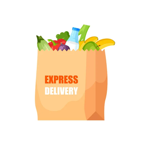 Livraison Express Nourriture Emballage Papier Artisanal Avec Épicerie Modèle Logo — Image vectorielle
