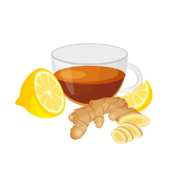 Черный Чай Стеклянной Чашке Имбирем Лимоном Свежий Корень Имбиря Здоровая — стоковый вектор