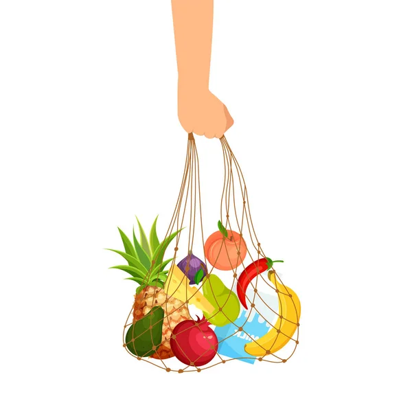 Main Tient Sac Ficelle Plein Fruits Légumes Sac Provisions Filets — Image vectorielle
