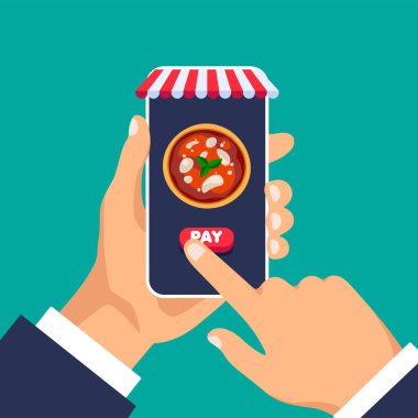 Akıllı telefonu tutuyor ve internetten pizza sipariş ediyor. Yemek ikonu telefon ekranında. İnternetten al. Yemek servisi. Vektör illüstrasyonu.