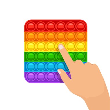 Popit 'e el baskısı yap. Çocuklar ve yetişkinler için son moda stres önleyici oyun. Gökkuşağı renginde kabarcıkları olan oyuncak
