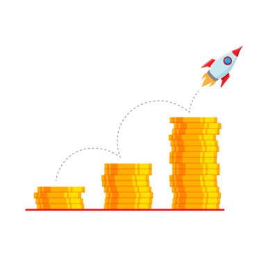 Arrow Stocks grafiği. Para kârı. Madeni para yığını ve roket fırlatma ile finansal büyüme kavramı. İş başarısı, yatırım geliri, sermaye kazançları, faydaları. Vektör çizimi izole edildi.