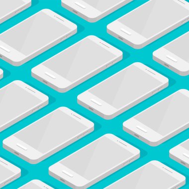 Boş ekranlı beyaz izometrik akıllı telefonlar. Arka arkaya telefon şablonları. İş sunumu modeli. Vektör illüstrasyonu.