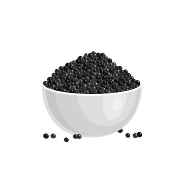 Beyaz kasede siyah mersin balığı havyarı. Balık yumurtası - sağlıklı lüks lezzet. Vektör illüstrasyonu siyah arkaplanda izole edildi
