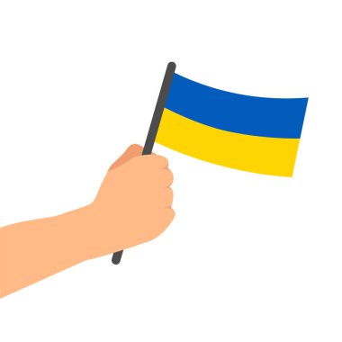 Ukrayna 'da savaş yok. Ukrayna için dua et. El Ukrayna bayrağını tutuyor. Saldırganlık ve askeri saldırı. Savaş bayrağını durdurun. Ukrayna 'yı Rusya' dan kurtar. Vektör illüstrasyonu beyaz arkaplanda izole edildi.