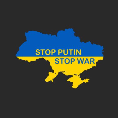 Savaşı durdurun, Putin 'i durdurun. Yazılı Ukrayna bayrağı. Saldırganlık ve askeri saldırı. Ukrayna 'yı Rusya' dan kurtar. Vektör illüstrasyonu.