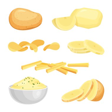 Soyulmuş patates, dilimlenmiş patates, patates kızartması, cips. Püre kasesi ya da tabak. Vektör illüstrasyonu beyaz arkaplanda izole edildi.