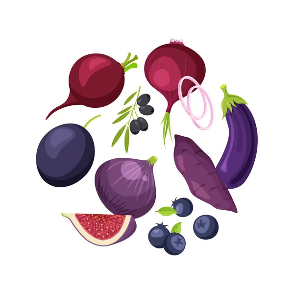 Mixed Fruits Vegetables Violet Colors Healthy Lifestyle Food Concept Circle — Vetor de Stock