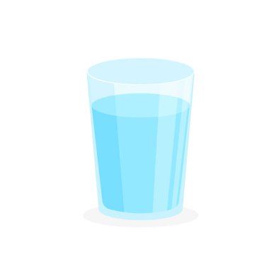 Moda tarzında bir bardak su. Sıvı dolu mavi şeffaf cam. Beyaz arkaplanda vektör illüstrasyonu.
