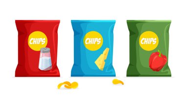 Patates cipsi tasarım seti. Farklı tat ve renklerde cips paketleme şablonu. Folyo torbaları beyaz arka planda izole edilmiş. Reklam kavramı