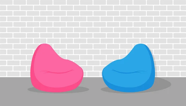 白のインテリアにブルーとピンクのビーンズバッグ レンガの壁の近くにソフト家具Pouff 白を基調としたベクトルイラスト — ストックベクタ