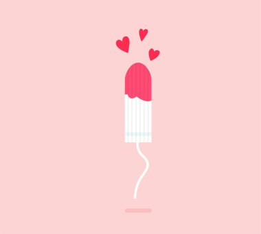 Feminine white tampon with spot of blood. Menstruation days. Girl hygiene product. Vector illustration in trendy flat style isolated on pink background. clipart