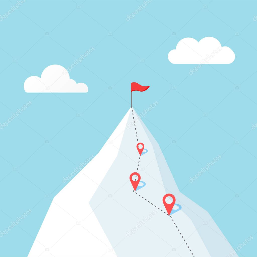 Mountain climbing route to peak. Business journey path in progress. Red flag symbol of success and goal achievement. Vector illustration in trendy flat style