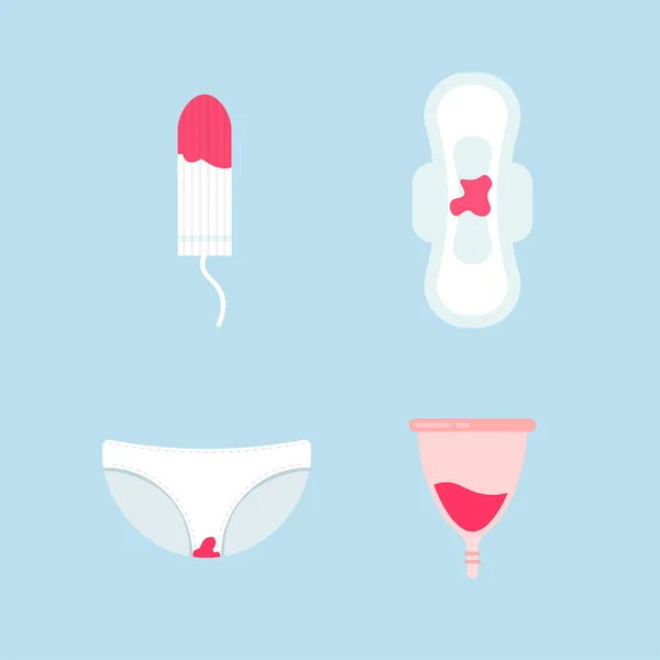 Kvinnliga Hygienprodukter Menstruationsdagar Sanitetsbindor Tamponger Menstruationskopp Byxor Vektor Illustration Trendig — Stock vektor