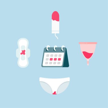 Bir dizi kadın hijyen ürünleri. Güç günleri. Adet günleri. Hijyenik pedler, tamponlar, regl kupası, pantolonlar. Takvim. Mavi arkaplanda izole edilmiş modayı gösteren vektör illüstrasyonu.