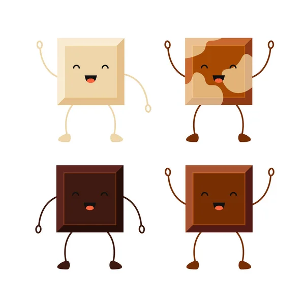 Conjunto Personajes Dibujos Animados Pieza Chocolate Lindo Barrita Chocolate Oscura — Vector de stock