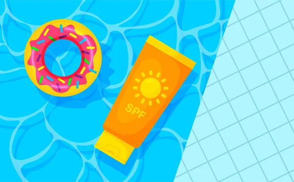 Sunscreen Cream Tube Packaging Design Swimming Pool Summer Background Sunbath — 图库矢量图片