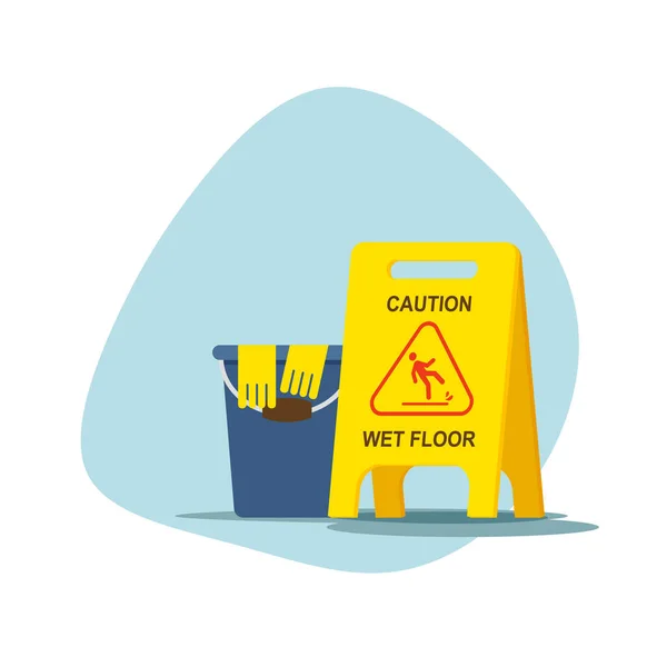 Wet Floor Sign Bucket Yellow Rubber Gloves Vector Illustration Isolated — Stockvektor