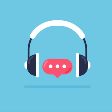 Online chat support and virtual help service concept. Headphones logo. Vector illustration isolated on blue background.