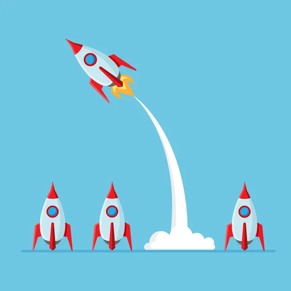 Think Being Differently Rocket Launch Flat Style Isolated Blue Background — Archivo Imágenes Vectoriales