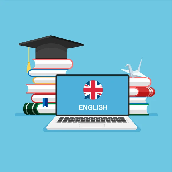 English Language Course Online Learning Distance Education Using Laptop Teaching — Image vectorielle