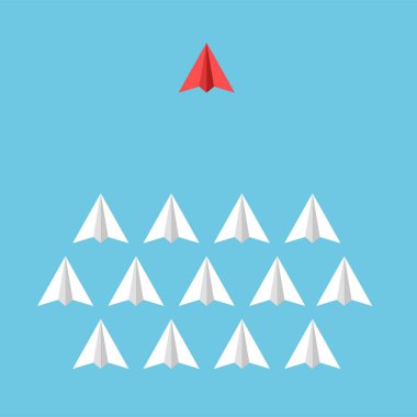 Düşünmek ve farklı olmak. Kırmızı uçak gökyüzünde yön değiştiriyor. Liderlik kavramı. Risk alıyorum. Vektör illüstrasyonu.