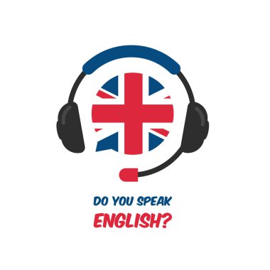 English language course. Online learning and distance education. Headphones or earphones with. Great Britain flag on speech bubble