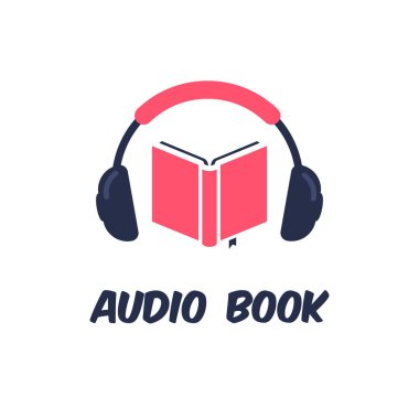 Kulaklıkları açık. Audiobook simgesi. Logo şablonu. Vektör illüstrasyonu beyaz arkaplanda izole edildi.