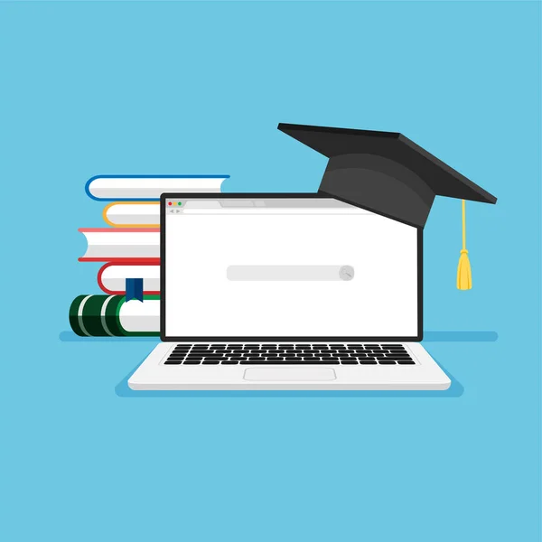 Learning Online Education Laptop Graduate Hat Book Heap Language Courses —  Vetores de Stock