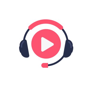 Podcast ya da radyo dizaynı. Kulaklık logosu. Oyun işareti. Kabarcık muhabbeti. Vektör illüstrasyonu beyaz arkaplanda izole edildi