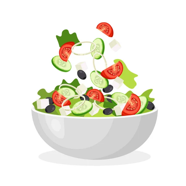 Greek Salad Plate Set Fresh Vegetables Falling Bowl Vector Illustration — Vettoriale Stock