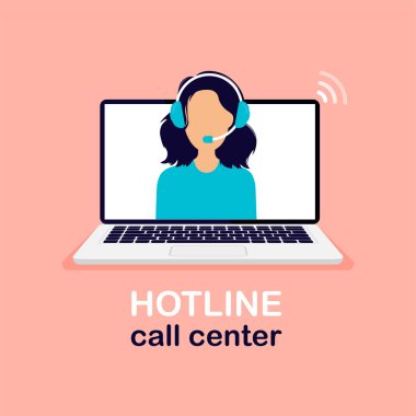 Tech support and customer service landing concept. Women with headphones and microphone on laptop screen. Assistance, call center. Vector illustration.
