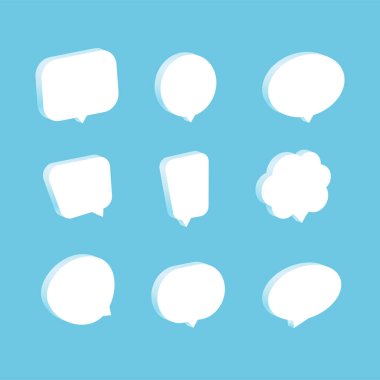 Vector dialog box bubble set isolated on blue background. White isometric cartoon quotes frames and remark. Callouts template collection.