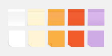 Colorful sticky notes mockup isolated on grey background. Set of realistic and cartoon paper bookmarks or post note stickers. Paper adhesive tape with shadow.