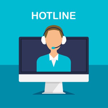 Teknik destek ve müşteri iniş konsepti. Kulaklıklı ve mikrofonlu bir adam bilgisayar ekranında. Yardım, çağrı merkezi. Vektör illüstrasyonu.